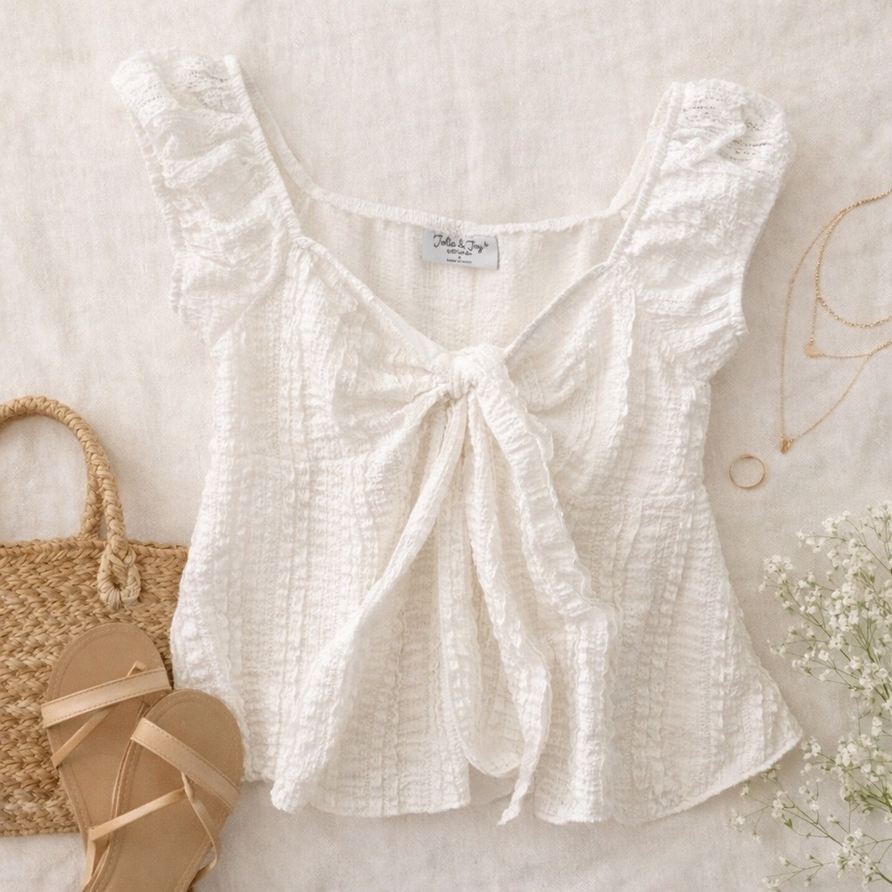 Jolie & Joy White Textured Tie Front Babydoll Top NWT Small